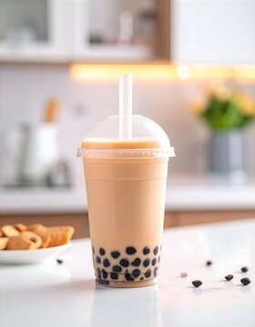 Homemade iced milk tea with boba pearls in a plastic cup on a kitchen countertop.