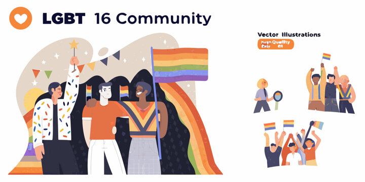 Pride Celebration Character Collection Vector Illustration With Rainbow Flag