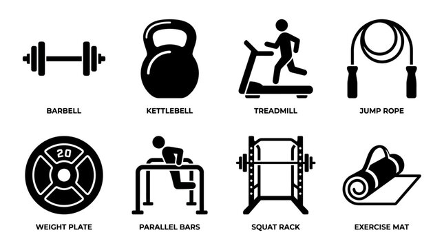 Gym equipment vector illustration featuring barbell, kettlebell, treadmill, jump rope, weight plate, parallel bars, squat rack, and yoga mat representing fitness, exercise, and workout training concep