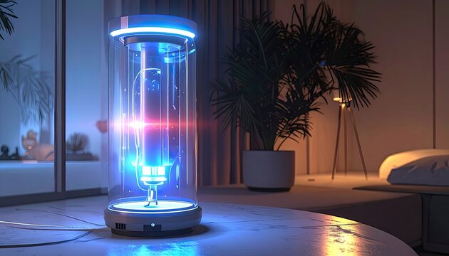 Futuristic Neon Light Cylinder Device on Table.