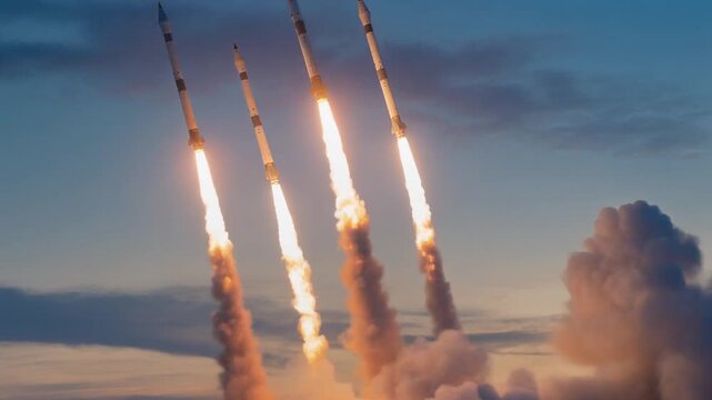 Dramatic slow-motion shot of multiple rockets launching in formation at sunset with fiery trails