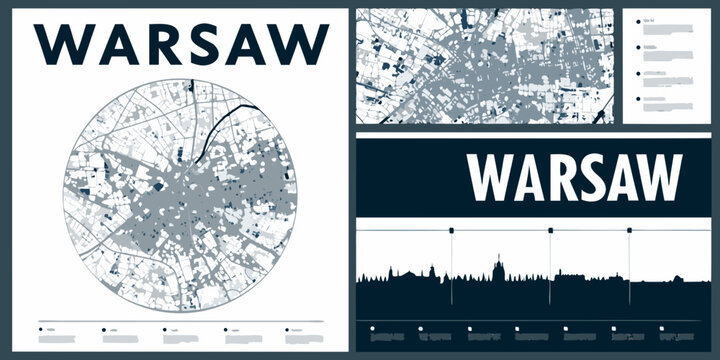 Warsaw City Map Illustration Gray Tones And Graphic Elements