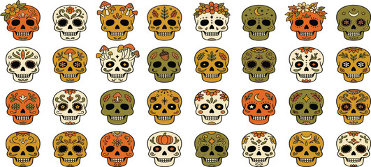 Fototapeta premium Decorative sugar skull collection with fall harvest and floral patterns skull design halloween day-of-the-dead collection calavera tradition mushroom illustration creative celebration