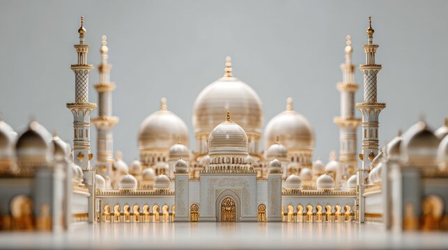 Intricate White and Gold Model of a Palace or Mosque with Domes and Tall Minarets Displaying