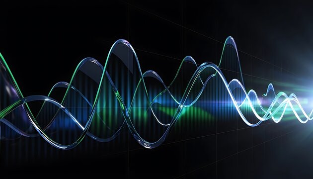 Futuristic 3D data graph with neon blue and green lines. Digital wave chart for financial analysis.