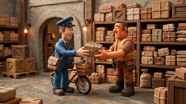 Postman Delivers Package to Worker in Stop Motion Clay Warehouse