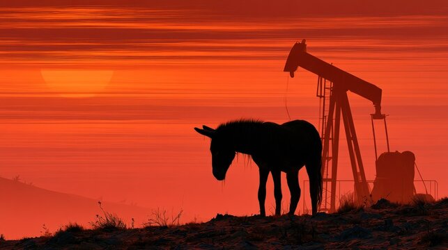 Donkey silhouette standing by oil pump jack at sunset