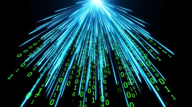 Abstract digital explosion of glowing binary code particles and light rays with explosion, particle