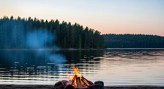 Campfire on lake shore at dusk.