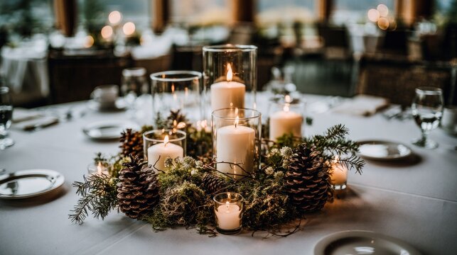 Elegant circular table centerpiece with candles and evergreen branches.