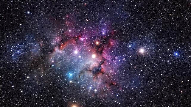 A stunning astrophotography image reveals a vibrant nebula illuminated by bright stars against a backdrop of countless distant galaxies.