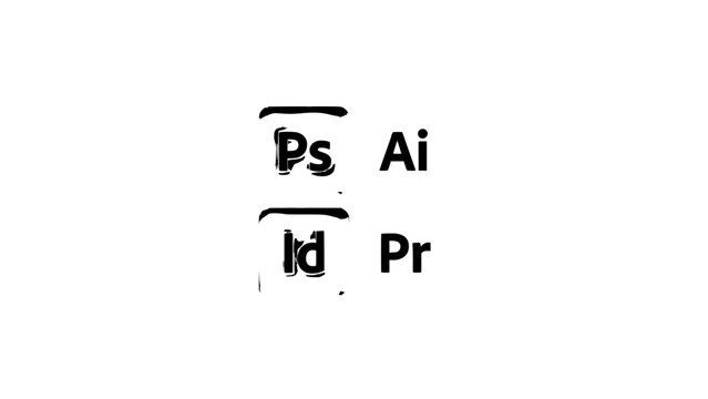 Four Square Icons Arranged in a 2x2 Grid Featuring Ps, Id, Ai, and Pr Symbols on a Black Background Featuring Ps, Id, Ai with Pr