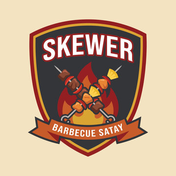 An appetizing logo featuring barbecue satay skewers with a flame background, representing a fun and vibrant culinary experience focused on delicious grilled food.