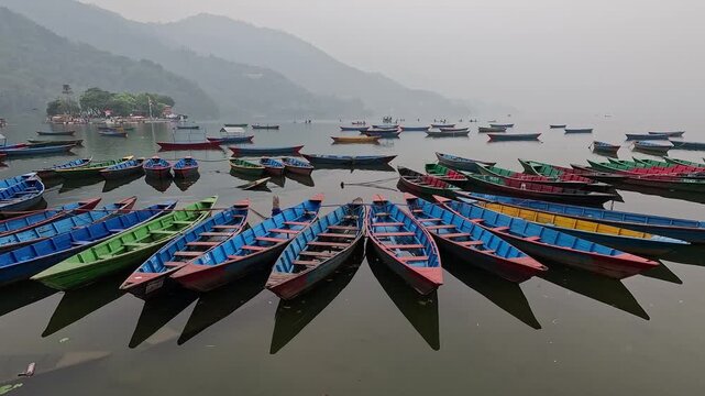 Artistic overhead boats with shadow reflections on calm Phewa Lake water symmetric
