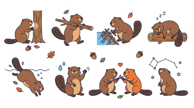 A colorful comic-style illustration depicting beavers in various activities like building dams, swimming, and interacting, highlighting their nature and playful behavior.