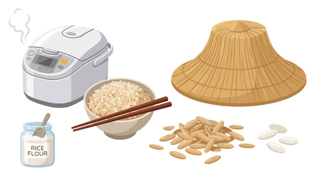 This image showcases a rice cooker, a bowl of rice, rice flour, and traditional farming tools, emphasizing rice as a staple food in many cultures around the world.