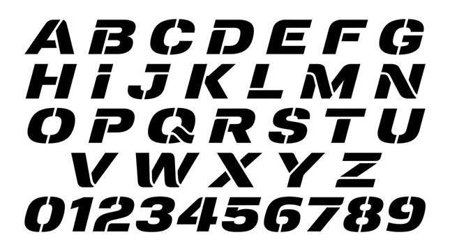 Dynamic stencil font alphabet and numbers for bold graphic design projects, ideal for modern typography