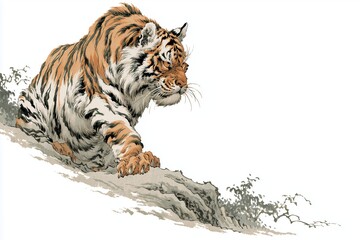 Obraz premium Dynamic illustration of a powerful tiger on a rocky slope, traditional Asian ink painting style