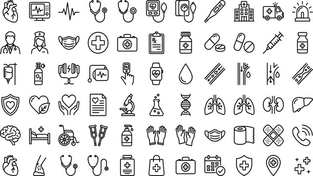 Comprehensive Medical and Healthcare Outline Icon Set for Hospital, Emergency, Clinical Care and Diagnostic Services Collection