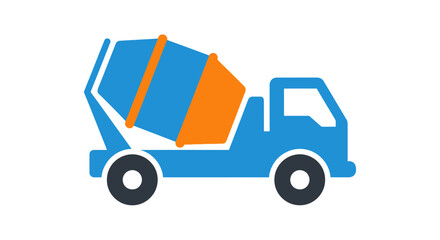 Fototapeta premium Flat vector icon of a blue and orange concrete mixer truck.