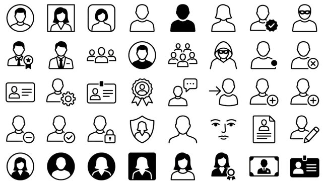User Avatar Profile Black and White Vector Icon Set Featuring Line Outline and Solid Glyph User Interface Symbols