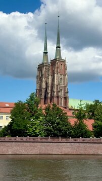 Wroclaw, Poland, view of the cathedral and Tumski Island from the river