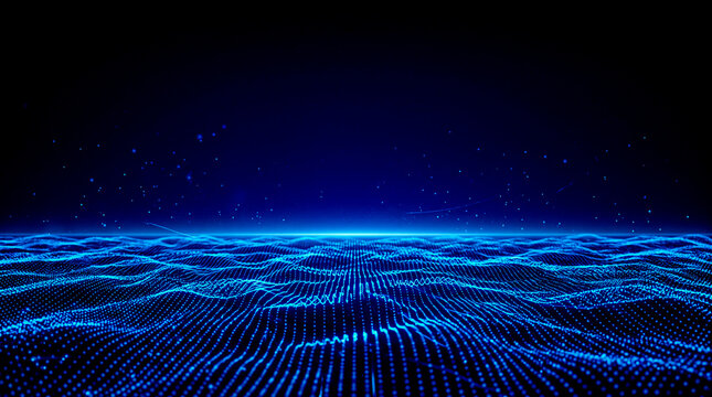 Abstract data ocean with glowing AI particle wave landscape