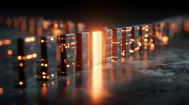 Glowing digital dominoes interrupted by a radiant barrier, representing resilience, breaking negative patterns, emotional recovery, hope, mental strength and psychological protection