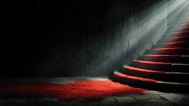 Curved red carpet stairs and bright god rays.