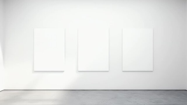empty art gallery with white walls and gray floor.