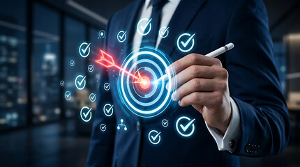 Obraz premium Advanced Business Analytics Dashboard Featuring Interactive Goal Achievement Target and Executive Driving Enterprise Growth Initiatives