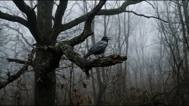 Black crow perched on a bare branch in a misty forest.