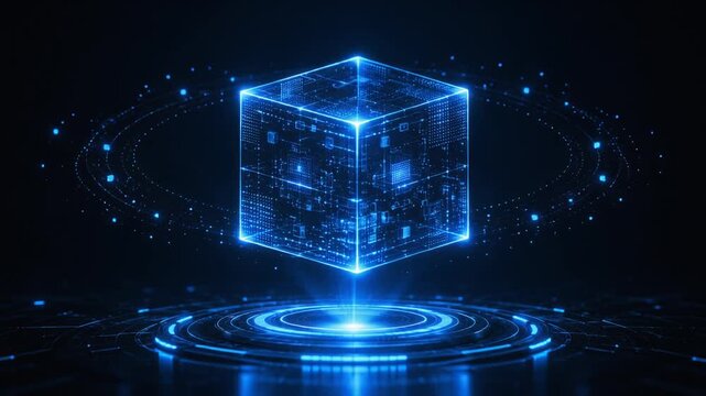 Rotating Holographic Data Cube Futuristic Technology Loop