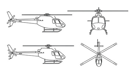 Fototapeta premium Helicopter Line Drawings Orthographic Views In Black And White rotary wing