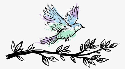 Obraz premium Watercolor bird on tree branch illustration with leaves.