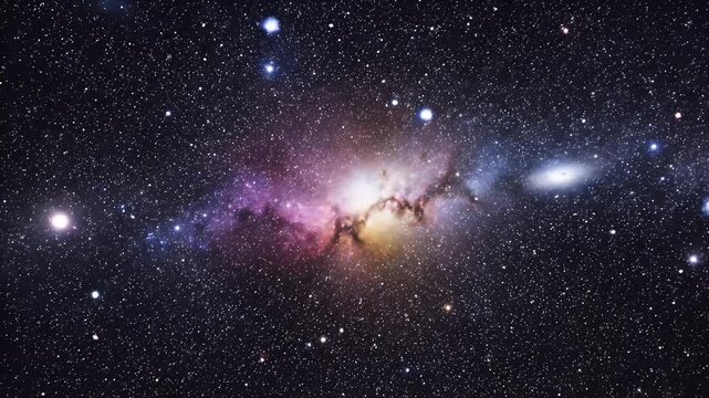 A stunning astrophotography image showcases the vibrant Milky Way galaxy stretching across a dark night sky, filled with countless stars and nebulous formations.