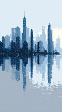 Dark blue cityscape reflection on gray surface.