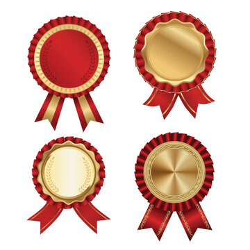 Premium Gold & Red Award Rosette Badges Set. Quality Seal & Achievement Ribbons for Business Certification & Product Guarantee.