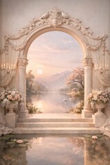 Fototapeta premium Elegant archway overlooking serene lake.