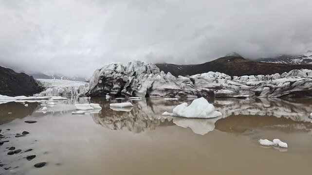Svinafellsjokull lagoon panorama, icebergs reflected in milky water with seracs and glacier tongue, Iceland
