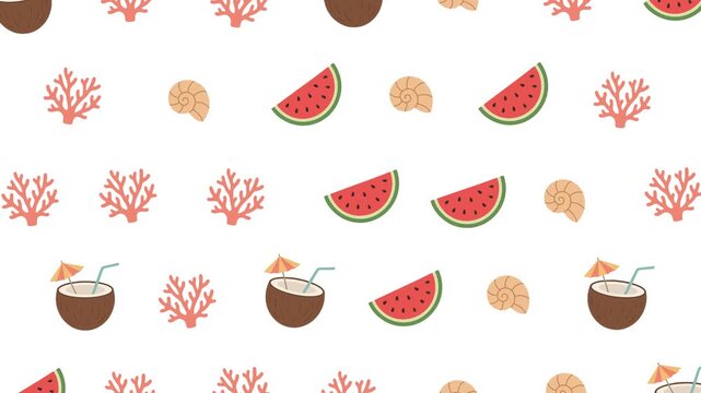Tropical Summer Beach Pattern with Watermelon and Coconut Drink