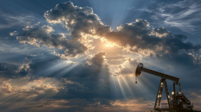 Sunbeams shining over oil pump jack in dramatic sky