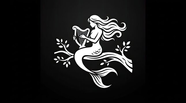 White mermaid playing harp silhouette on black background.