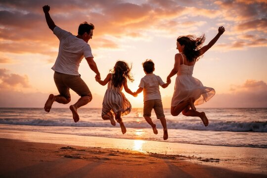 Family joy beach sunset jumping
