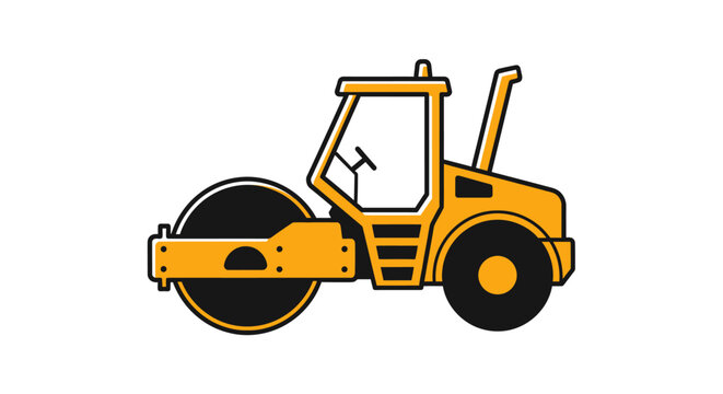 A vector illustration of a yellow construction road roller compactor machine.
