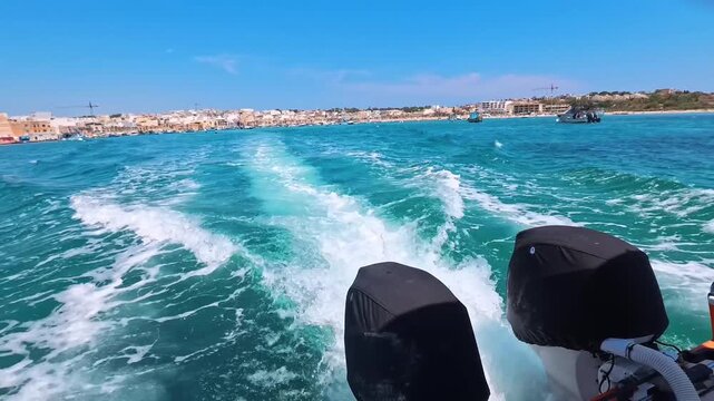 Boat Wake and Twin Outboard Motors on Mediterranean Crossing, Malta - STEADY VIDEO - NO AUDIO