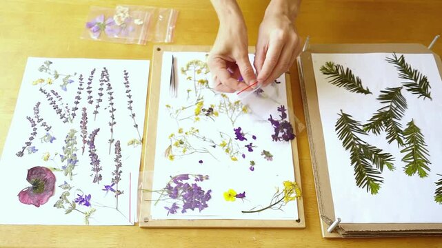 Female hands placing pressed larkspur flower into transparent zip bag with matching dried blooms from herbarium press. Highlights species-level specimen grouping and comparative plant reference.