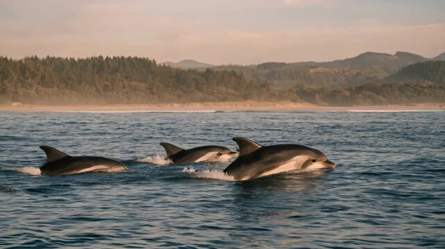 Slow motion footage of a pod of common dolphins leaping and swimming through the ocean waves during a golden sunset with a forested coastal shoreline in the background.
