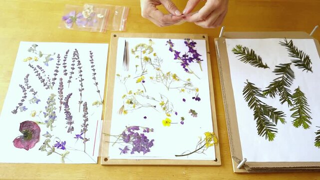 Hands sealing zip bag after packaging pressed delphinium flowers removed from herbarium collection. Demonstrates archival storage, reference material protection, and long-term specimen management.