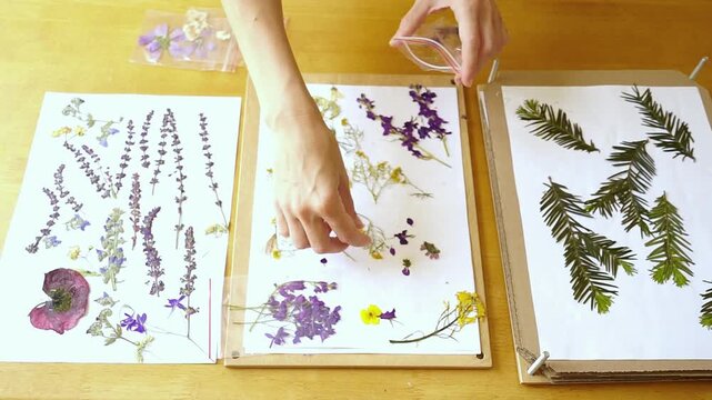 Flat lay of hands transferring pressed wild delphinium flowers from herbarium sheet into storage bag. Represents botanical cataloging, reference archive assembly, and preserved flora organization.